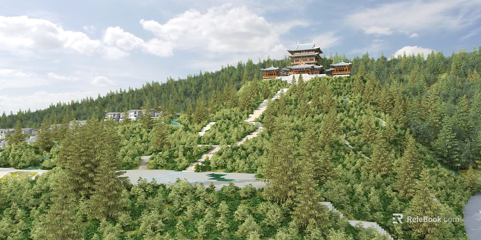 Ancient Chinese Architecture on Green Hillside With Lush Trees and Stone Paths 3d model 