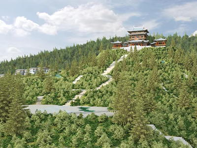 Ancient Chinese Architecture on Green Hillside With Lush Trees and Stone Paths 3d model