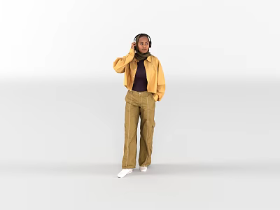 A Woman Standing With Headphones Yellow Jacket Black Top Khaki Striped Pants White Shoes 3d model