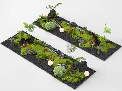 Long Strip Landscape Designs with Green Moss Small Plants Stones and Round Lights 3d model