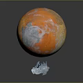Orange And White Planet With Swirled Patterns And Broken Spaceship Debris