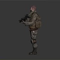 Military Soldier in Camouflage Uniform Holding Rifle With Tactical Gear Standing Isolated on Gray Background