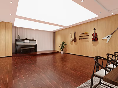 Music Room Interior With Wooden Walls Flooring Black Piano And Musical Instruments On Wall 3d model