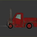 Red Toy Forklift With Metal Forks And Reflective Surface On Gray Background