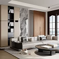 Modern Living Room Interior With Beige Sofa Large Windows Marble Wall And Wooden Cabinets