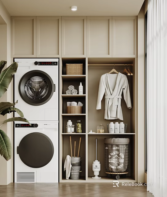 Home Balcony Laundry Space With Washing Machine Dryer Storage Cabinets Hanging Bathrobe And Green Plant 3d model 