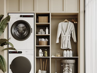 Home Balcony Laundry Space With Washing Machine Dryer Storage Cabinets Hanging Bathrobe And Green Plant 3d model