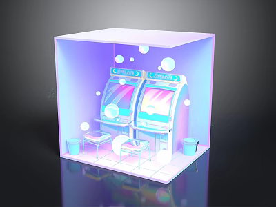 Cube Display Case Interior With Slot Machines Stools Trash Bins And Neon Bubbles 3d model