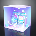 Cube Display Case Interior With Slot Machines Stools Trash Bins And Neon Bubbles
