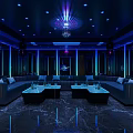 Modern Luxurious KTV Interior With Blue Lighting Chandeliers Sofas And Coffee Tables 3d model