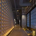 Traditional Japanese Teahouse Corridor With Lattice Wall Lighting Stone Tile Floor And Plant Decor