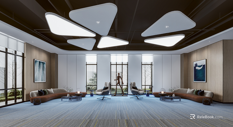 Modern Comfortable Lounge Area With Sofas Chairs Coffee Tables Ceiling Lights And Large Windows 3d model 