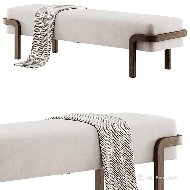 Beige Upholstered Sofa Bench With Wooden Legs And Herringbone Blanket Modern Design 3d model 