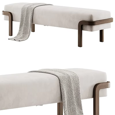 Beige Upholstered Sofa Bench With Wooden Legs And Herringbone Blanket Modern Design 3d model