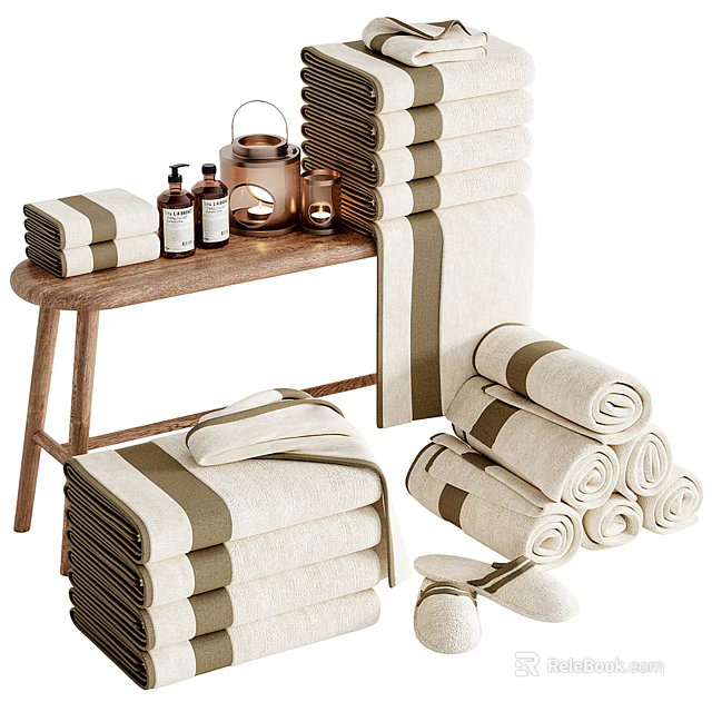 Cozy Bathroom Accessories Set With Soft Rolled And Stacked Towels Wooden Table Candles And Bottles 3d model 