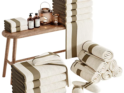 Cozy Bathroom Accessories Set With Soft Rolled And Stacked Towels Wooden Table Candles And Bottles 3d model