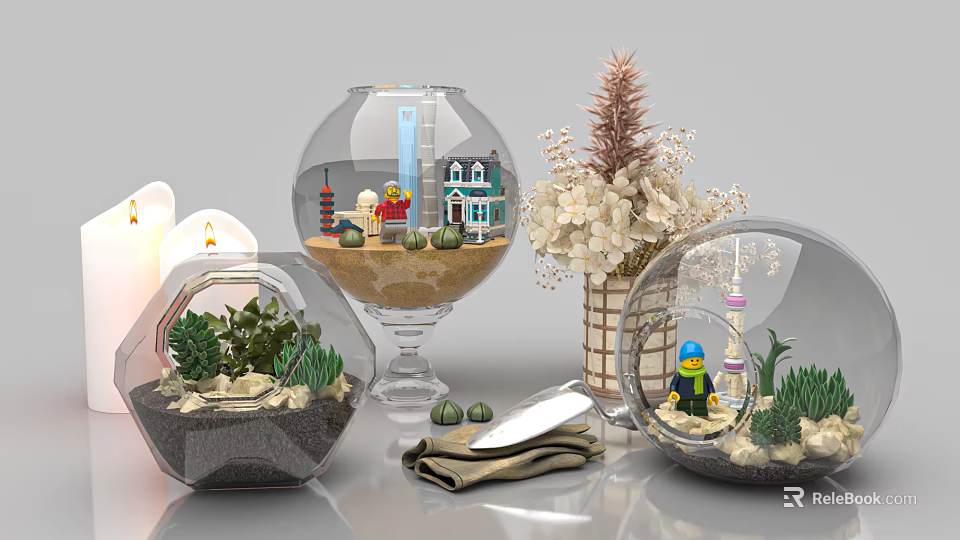 Decorative Ornament Set With Glass Globes Succulents Miniature Houses And Flower Arrangement 3d model 