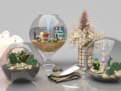 Decorative Ornament Set With Glass Globes Succulents Miniature Houses And Flower Arrangement 3d model