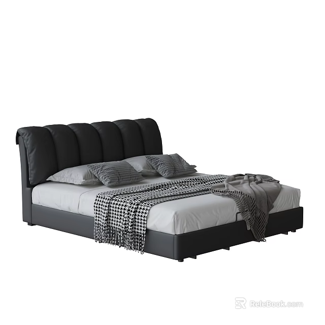 Modern Black Leather Double Bed With Gray Pillows And Checkered Blanket 3d model