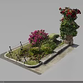 Small Garden Featuring Pink Flowers Red Blooms Green Plants Iron Decor And Stone Bench