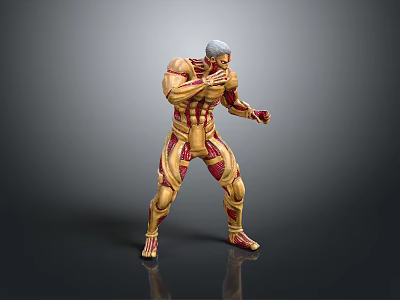 Muscular Humanoid Character 3D Model With Red Patterns And White Hair In Battle Stance 3d model