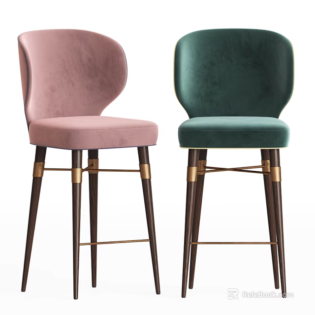 Stylish Pink and Green Velvet Bar Stools with Wooden Legs and Gold Accents 3d model 
