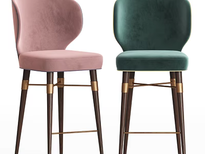 Stylish Pink and Green Velvet Bar Stools with Wooden Legs and Gold Accents 3d model