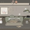 Cute Kids Room Interior With Green Bed Cartoon Wall Art Hanging Balloons And Star Decorations