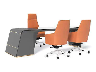 Modern Office Desk With Three Orange Swivel Chairs And Sleek Gray Design 3d model