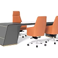 Modern Office Desk With Three Orange Swivel Chairs And Sleek Gray Design