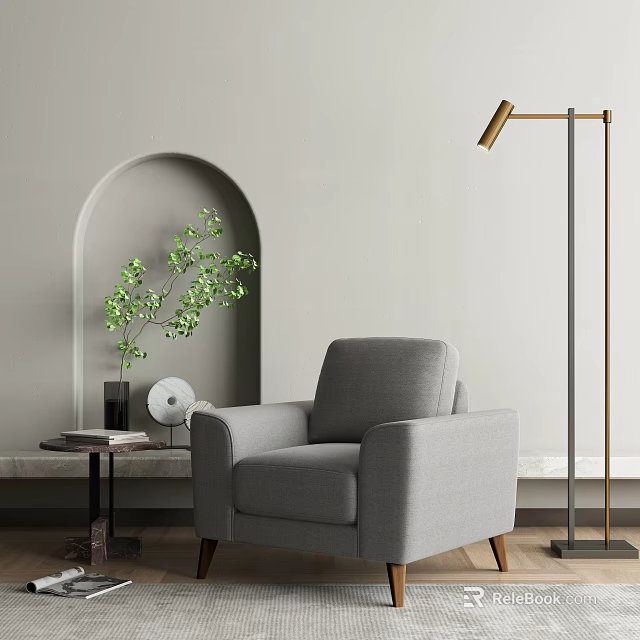 Light Gray Single Sofa with Floor Lamp Side Table Green Plant and Arch Decor 3d model