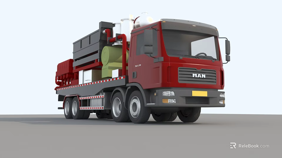 Red MAN Heavy Duty Utility Vehicle With Specialized Equipment On Flatbed 3d model 