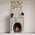 Elegant White Carved Fireplace With Colorful Artwork Sculpture Gramophone And Flames
