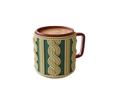 Cozy Cup With Green And Beige Crocheted Sleeve Red Rim And Handle 3d model