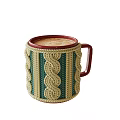 Cozy Cup With Green And Beige Crocheted Sleeve Red Rim And Handle
