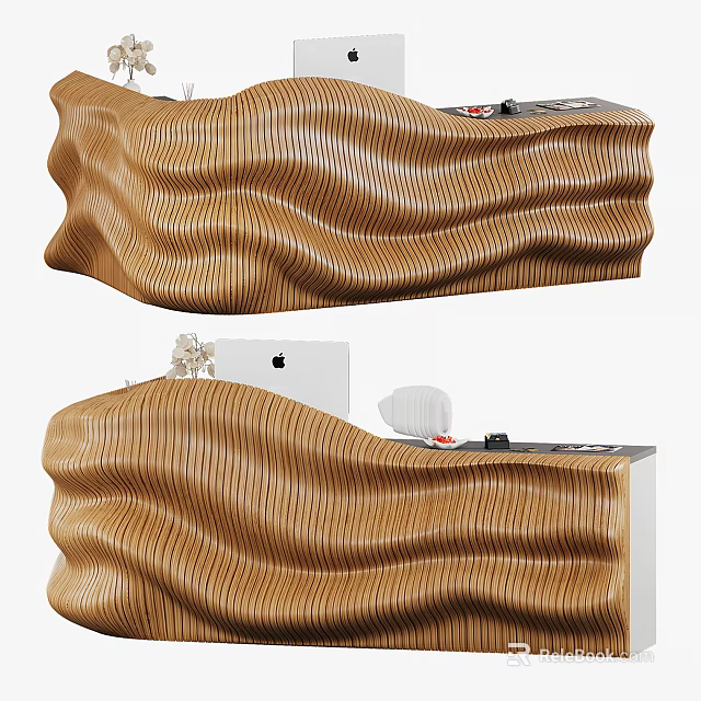 Modern Wooden Reception Desk With Wavy Design Curved Surface And Natural Texture 3d model 