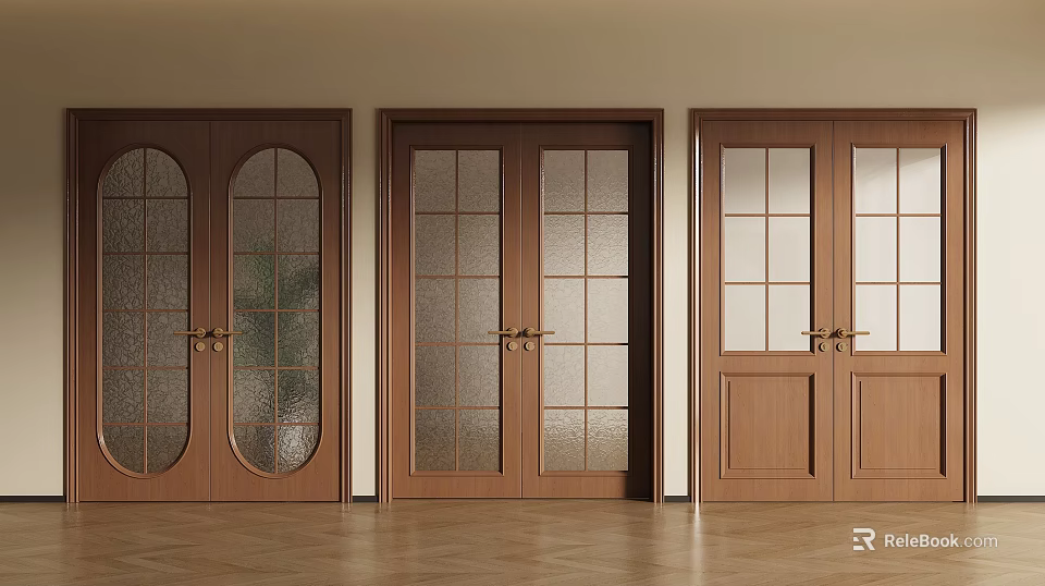 Wooden Double Doors With Arched Frosted And Grid Glass Panels For Interior Design 3d model 