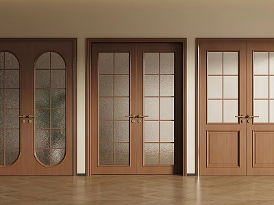 Wooden Double Doors With Arched Frosted And Grid Glass Panels For Interior Design 3d model