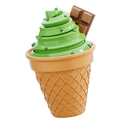 Creamy Green Ice Cream Swirled In Crispy Waffle Cone Topped With Chocolate Bar 3d model
