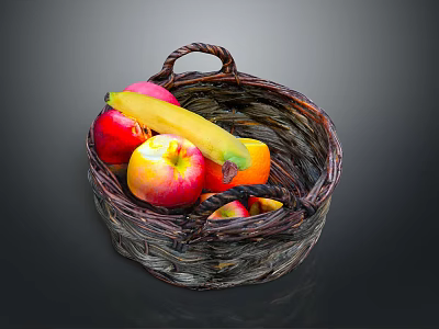 Fresh Assorted Fruits in Woven Basket with Apples Bananas and Oranges 3d model