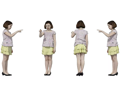 Woman In Pink Top And Yellow Skirt Pointing In Four Different Angles With Black Shoes 3d model