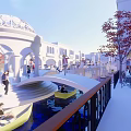 Scenic Commercial Street with White Arched Buildings Water Canal Gondola Boats and Pedestrians