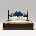 Classic Double Bed With Navy Blue Headboard Wooden Frame And Beige Yellow Bedding
