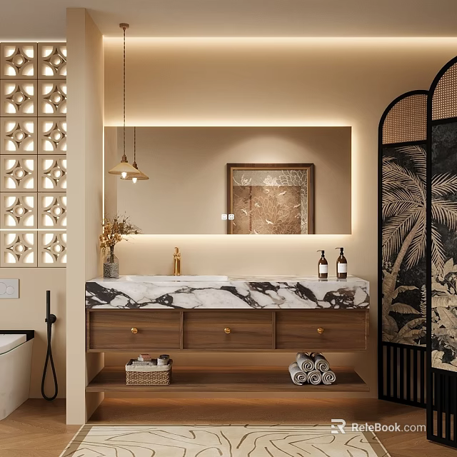 Elegant Modern Bathroom Vanity With Marble Countertop Mirror Pendant Lights And Towels 3d model 
