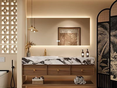Elegant Modern Bathroom Vanity With Marble Countertop Mirror Pendant Lights And Towels 3d model