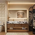 Elegant Modern Bathroom Vanity With Marble Countertop Mirror Pendant Lights And Towels