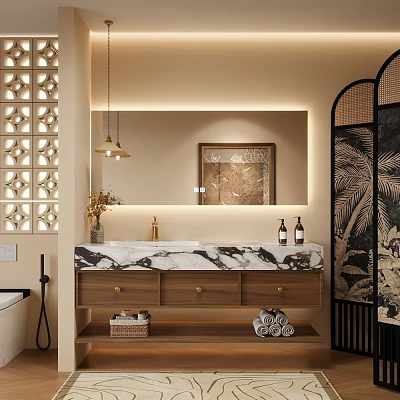 Elegant Modern Bathroom Vanity With Marble Countertop Mirror Pendant Lights And Towels 3d model