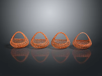 Four Orange Woven Storage Baskets With Reflections On Grey Background 3d model