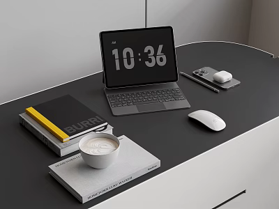 Modern Laptop Desktop Setup With Keyboard Mouse Smartphone Books And Coffee Cup On Desk 3d model