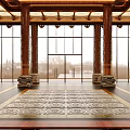 Traditional Chinese Hotel Lobby Interior With Carved Columns And Landscape Murals